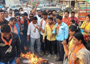 जळगावात भाजपातर्फ देशद्रोही नवाब मलिक यांच्या निषेधार्थ पुतळ्याचे दहन